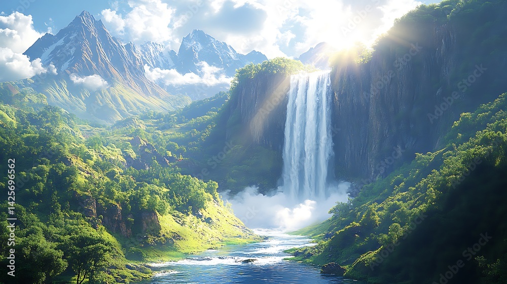Fototapeta premium Majestic waterfall cascading through a lush mountain valley.