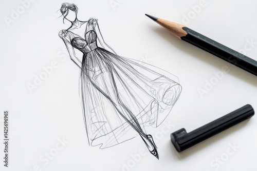 Fashion designer sketching dress on paper with pencils and pen
