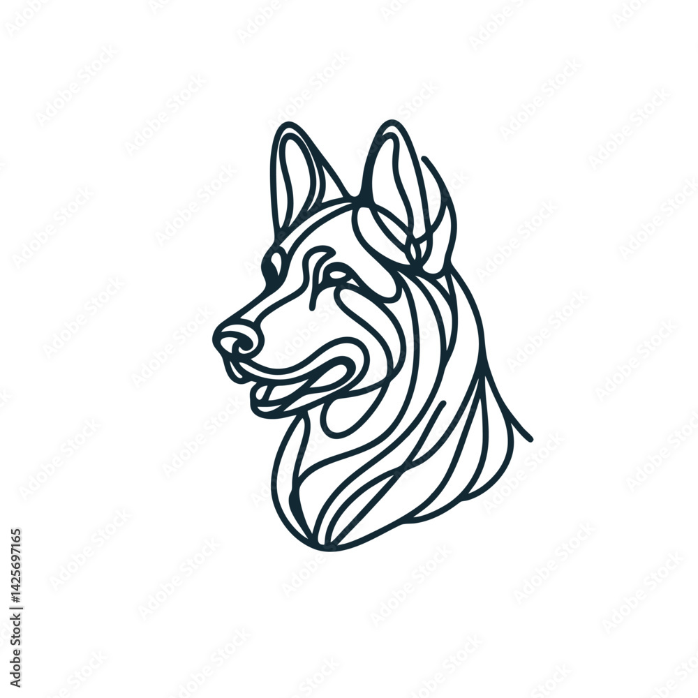 Naklejka premium Monoline German Shepherd Head Logo, Continuous Line Art Dog Face Vector Illustration