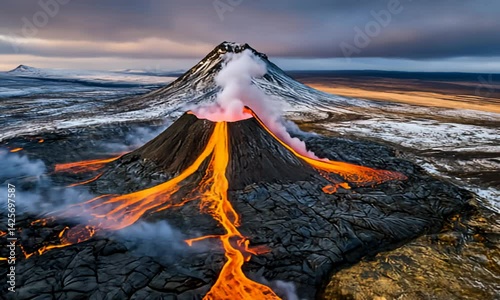 Aerial view of erupting volcano with glowing lava flows and snowy landscape