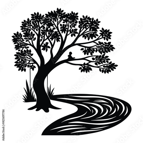 Artistic Silhouette of a Tree by a Flowing Creek Design