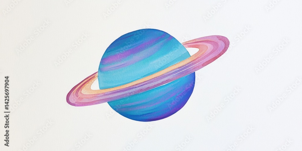 Obraz premium Watercolor Planet Saturn with Rings in Blue and Purple Hues on White Background Graphic
