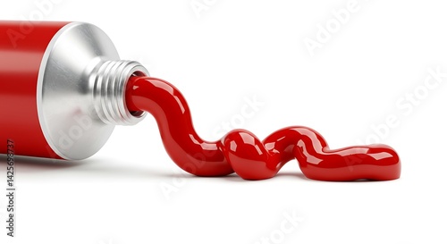 Vibrant scarlet paint escaping an aluminum tube, ready for artistic expression
