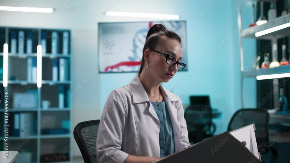 professional female doctor in medical suit looking at patient tests and examination results in hospital office professional female doctor in medical suit looking at patient tests and examination results in hospital office