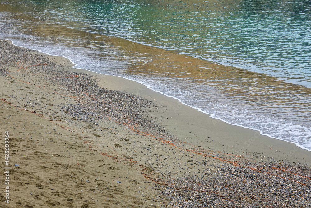 A serene shoreline features a mix of sand and pebbles with gentle waves lapping at the edge.