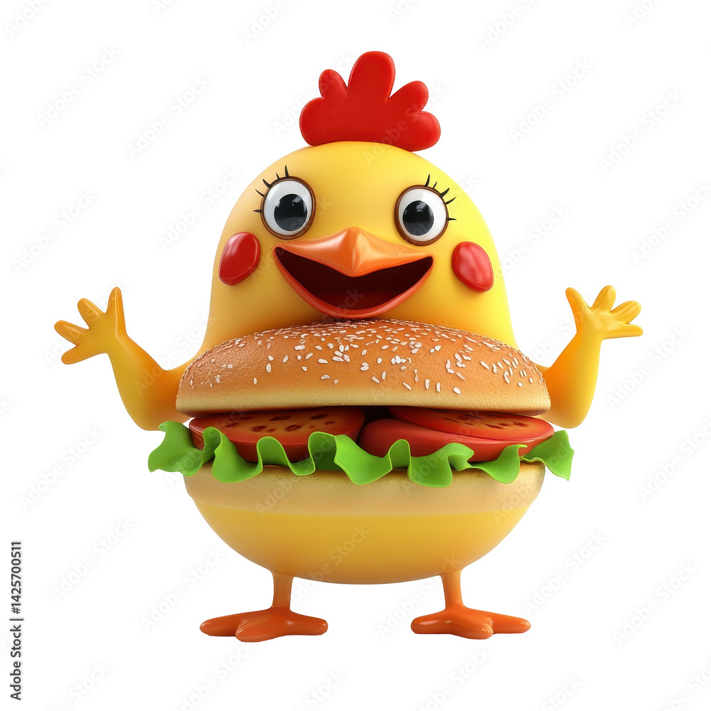 Colorful cartoon chicken character happily presenting a hamburger in a playful setting Colorful cartoon chicken character happily presenting a hamburger in a playful setting