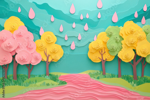 Pink rain falling on colorful paper trees and river landscape