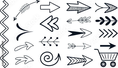 Hand-drawn arrows, doodle elements, black and white illustration, decorative arrows, swirls, hearts, sketchy style, vector graphics, directional symbols, whimsical design, tribal arrows, curly arrows,