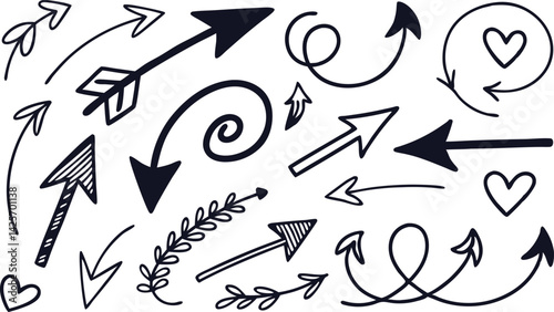 Hand-drawn arrows, doodle elements, black and white illustration, decorative arrows, swirls, hearts, sketchy style, vector graphics, directional symbols, whimsical design, tribal arrows, curly arrows,