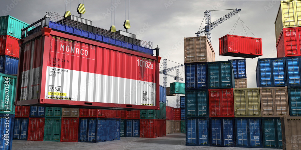 Fototapeta premium Cargo container with flag of Monaco lifted by crane at freight terminal - 3D illustration