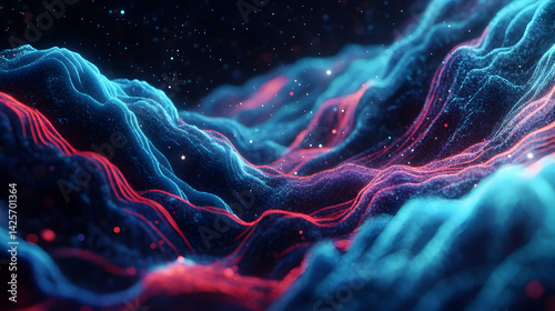 Luminous topographic rendition of abstract data landscape with stellar details