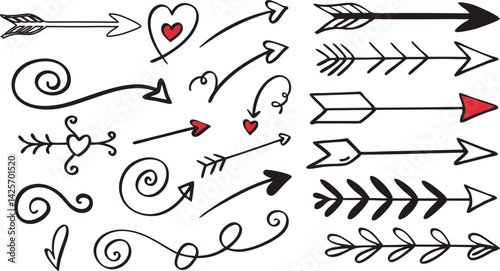Hand-drawn arrows, doodle elements, black and white illustration, decorative arrows, swirls, hearts, sketchy style, vector graphics, directional symbols, whimsical design, tribal arrows, curly arrows,