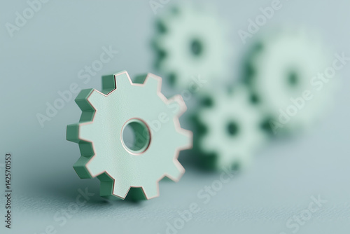 A serene mint green gear, poised for action, symbolizing seamless collaboration and intricate workflow, softly blurred background.