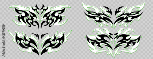 Vector set of neo tribal tattoo. Neotribal gothic butterfly with wings, flame, heart or symmetrical shapes abstract dividers. Cyber sigilism grunge y2k design elements. Celtic goth body emo stickers