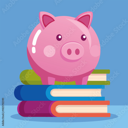 Cute Piggy Bank on Books: Savings, Education.