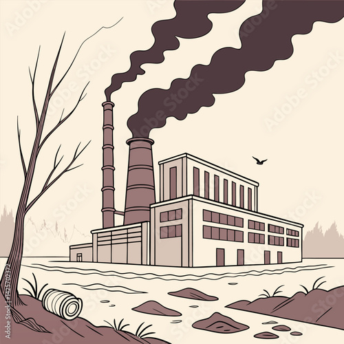 Industrial Pollution Illustration: Sepia-toned Factory, Smokestacks.