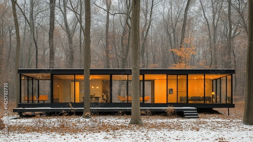 Modern glass house nestled in a winter forest