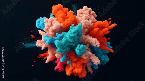 Vibrant colored dust explosion against a dark backdrop creating dynamic shapes