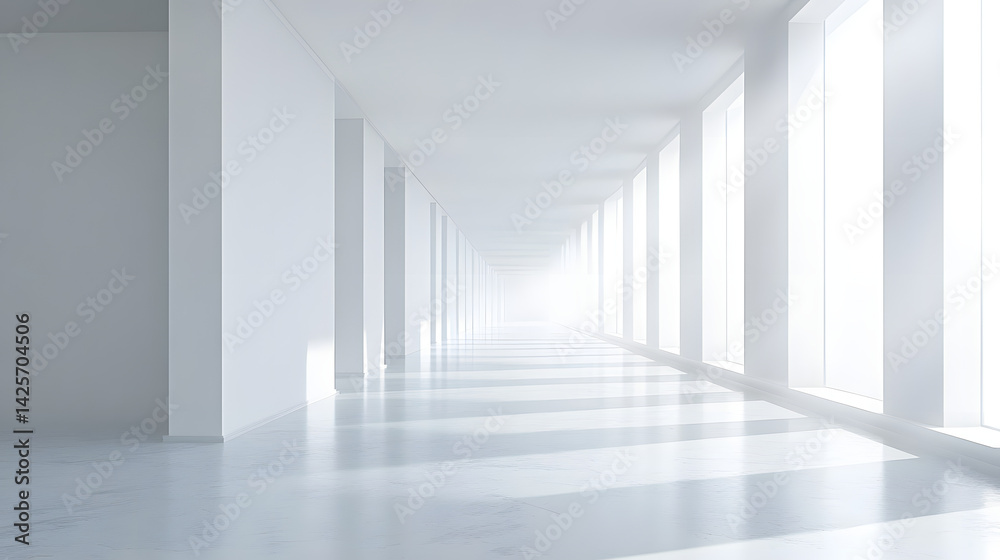 Obraz premium Wide-angle view of minimalist architecture illuminated spacious hallway on pure white background