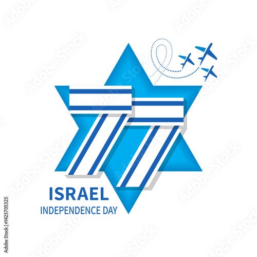 Logo for the 77rd Independence Day of Israel. Star of David with number 77 in the form of the Israeli flag and aircraft parade