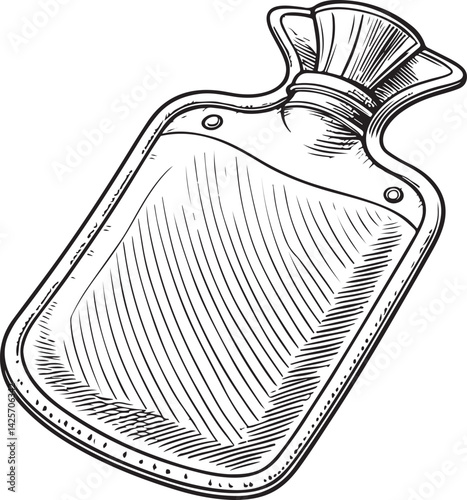 Hot water bottle Black and White Vector Illustration, Sketch Drawing Line Linear Symbol Icon Engraving, Hand-drawn Isolated