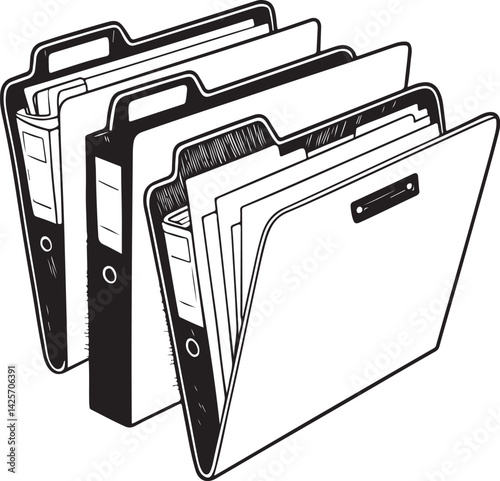 Files and File Folders Accounting Black and White Vector Illustration, Sketch Drawing Line Linear Symbol Icon Engraving, Hand-drawn Isolated