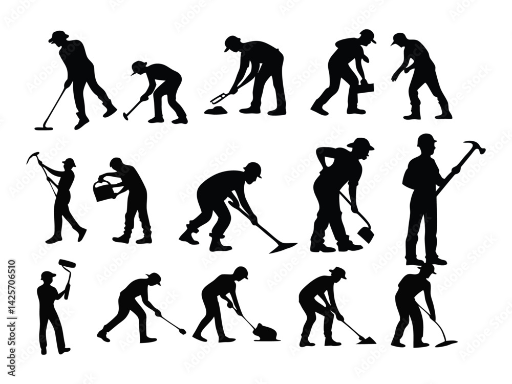 Fototapeta premium Baseball player silhouettes, dynamic poses, batting stances, pitching motions, black and white, high contrast, athletic figures, action sequence, motion study, sports illustration, vector graphic styl
