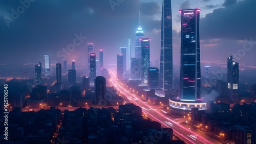 Wallpaper Mural Futuristic Smart City Skyline at Night – Glowing with Holographic Ads and High-Tech Urban Lights. Torontodigital.ca