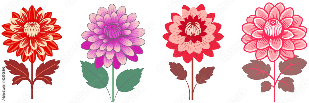 Fototapeta premium Simple flat illustration of four dahlia flowers with stem and leaves, isolated on transparent background