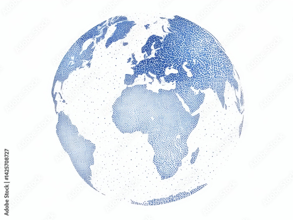 Obraz premium Detailed World Globe Map with Continents Africa Europe Asia in Blue Dot Pattern