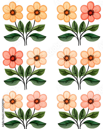 Colorful floral patterns featuring orange and pink flowers with green leaves, creating cheerful and vibrant design