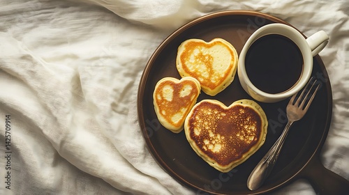 Overhead view of a breakfast tray featuring heart-shaped pancakes with syrup, creating a warm, inviting atmosphere perfect for a romantic morning, Valentine's Day, or special occasion breakfast.