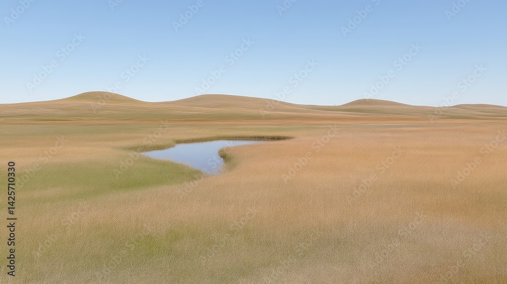 Fototapeta premium Vast grassland with a tranquil pond. Rolling hills and golden grasses stretch into the horizon