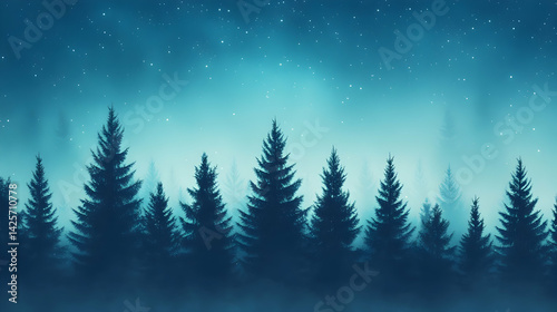 Serene nocturnal landscape with coniferous forest under a starry sky backdrop