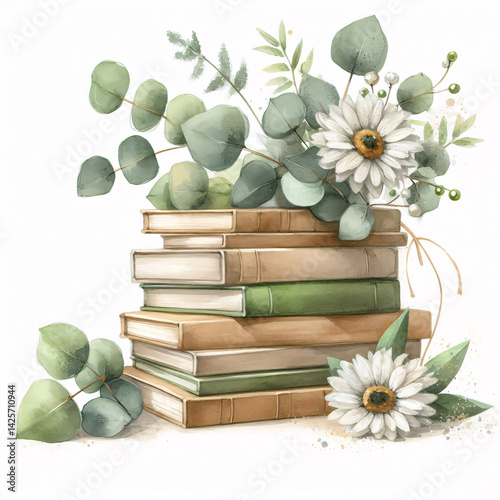 Watercolor illustration of natural-colored books stack with sage green, beige tones, eucalyptus, daisies, free-form floral shapes, expressive brushwork, soft texture on white background