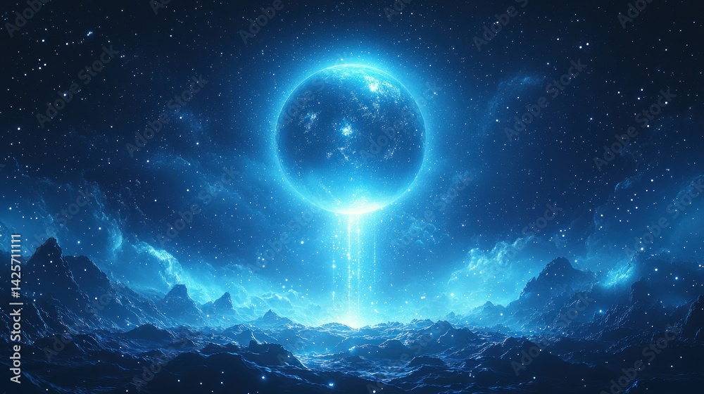 Fototapeta premium Celestial Convergence: A Glimmering Blue Planet Over a Mystical Mountainscape