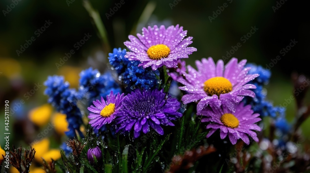 Obraz premium A bouquet of vibrant purple and blue flowers, glistening with raindrops