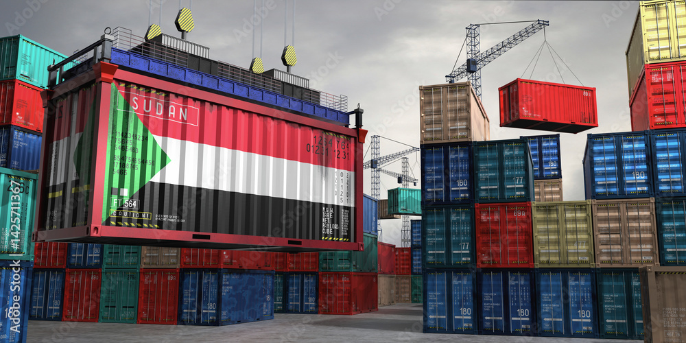 Fototapeta premium Cargo container with flag of Sudan lifted by crane at freight terminal - 3D illustration