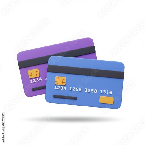 Two stylized credit cards one blue and one purple floating on a white background with a soft shadow