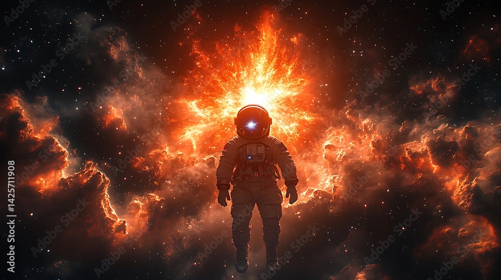 Obraz premium Astronaut confronts a celestial fiery nebula.