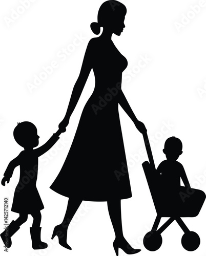Family Caregiver Walking with Child and Stroller. Parenting Silhouette