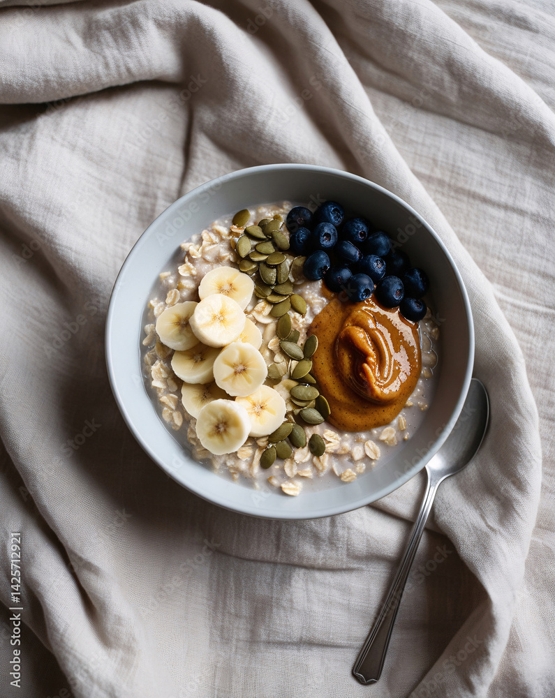 Fototapeta premium Creamy Oats for Better Sleep: Topped with Banana, Almond Butter, Pumpkin Seeds, Blueberries, Soft Beige Linen, Relaxing Evening Meal, Soft Light