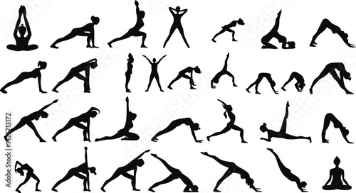 silhouette yoga poses, dynamic stretching figures, black and white illustration, minimalist fitness icons, sequence of exercise movements, flexibility demonstration, athletic body shapes, graphic desi