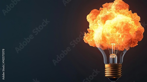 Explosion of lightbulb in electric filament destruction concept. An explosive light bulb bursting with vibrant flames and energy.