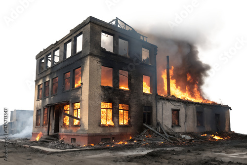 Fire engulfing a damaged building during a destructive blaze