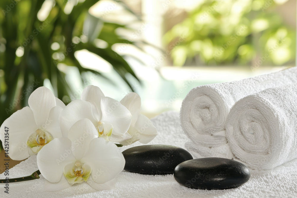 serene spa setup featuring white orchids, soft towels, and smooth black stones creates calming atmosphere serene spa setup featuring white orchids, soft towels, and smooth black stones creates calming atmosphere