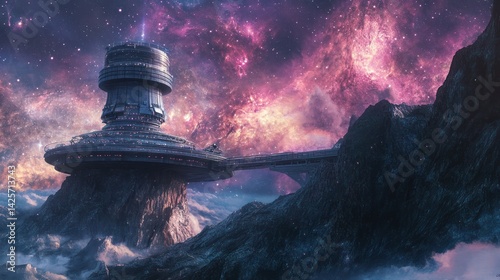 Fototapeta Naklejka Na Ścianę i Meble -  A futuristic space station connected to a mountainous terrain