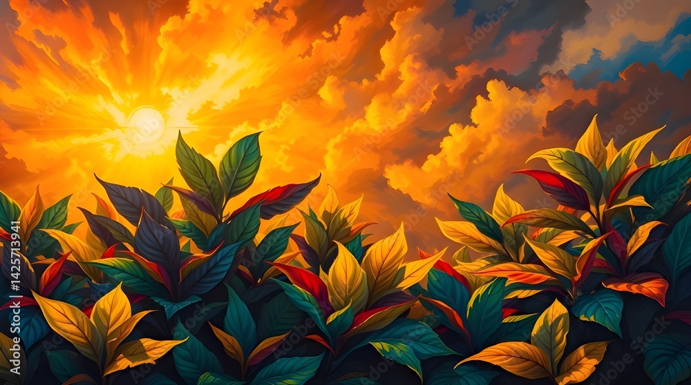 Vibrant, colorful abstract painting of lush leaves under intense, dramatic warm golden light and stormy skies. Radiant, luxurious feel, high tension Vibrant, colorful abstract painting of lush leaves under intense, dramatic warm golden light and stormy skies. Radiant, luxurious feel, high tension