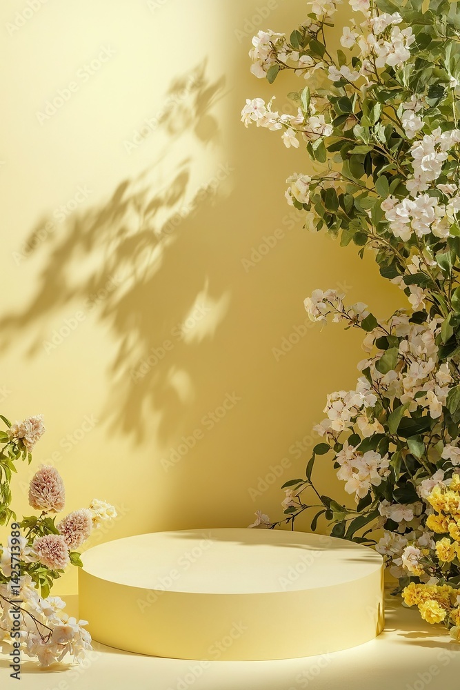 Fototapeta premium Floral display with soft shadows, pastel colors, circular pedestal, and botanical elements for product presentation.