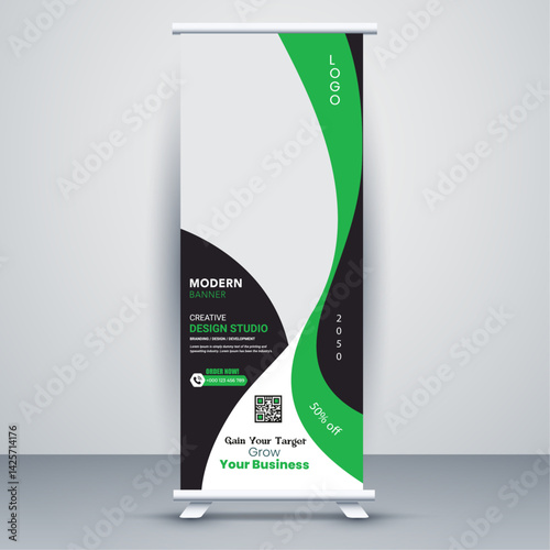 Colorful Stylish Creative Corporate Roll Up Banner Signage Standee Template for Advertising and Multipurpose Use with Four Color Variations